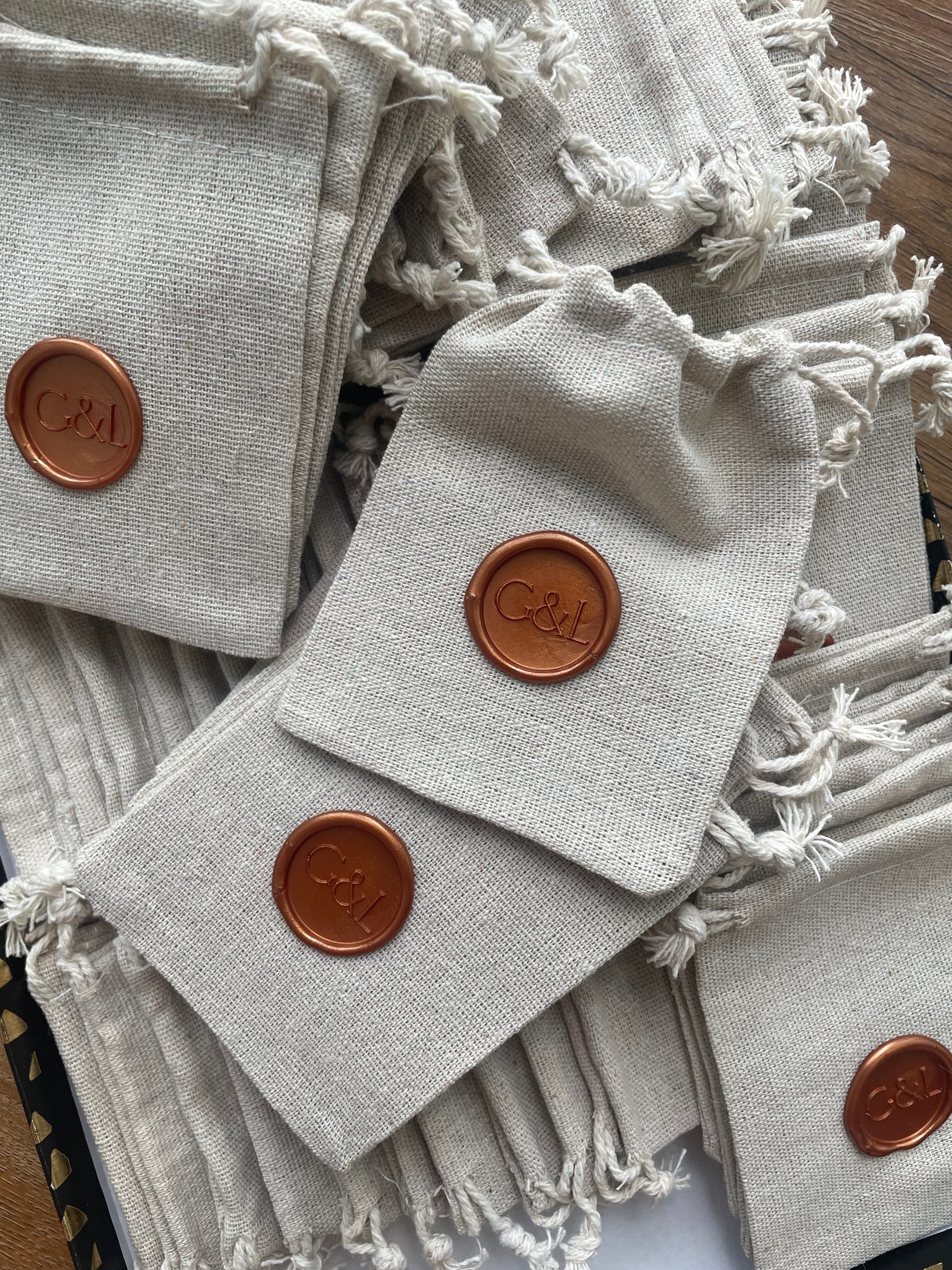 Personalized Cotton Favor Bags with Wax Seal, Custom Initial Drawstring Pouch