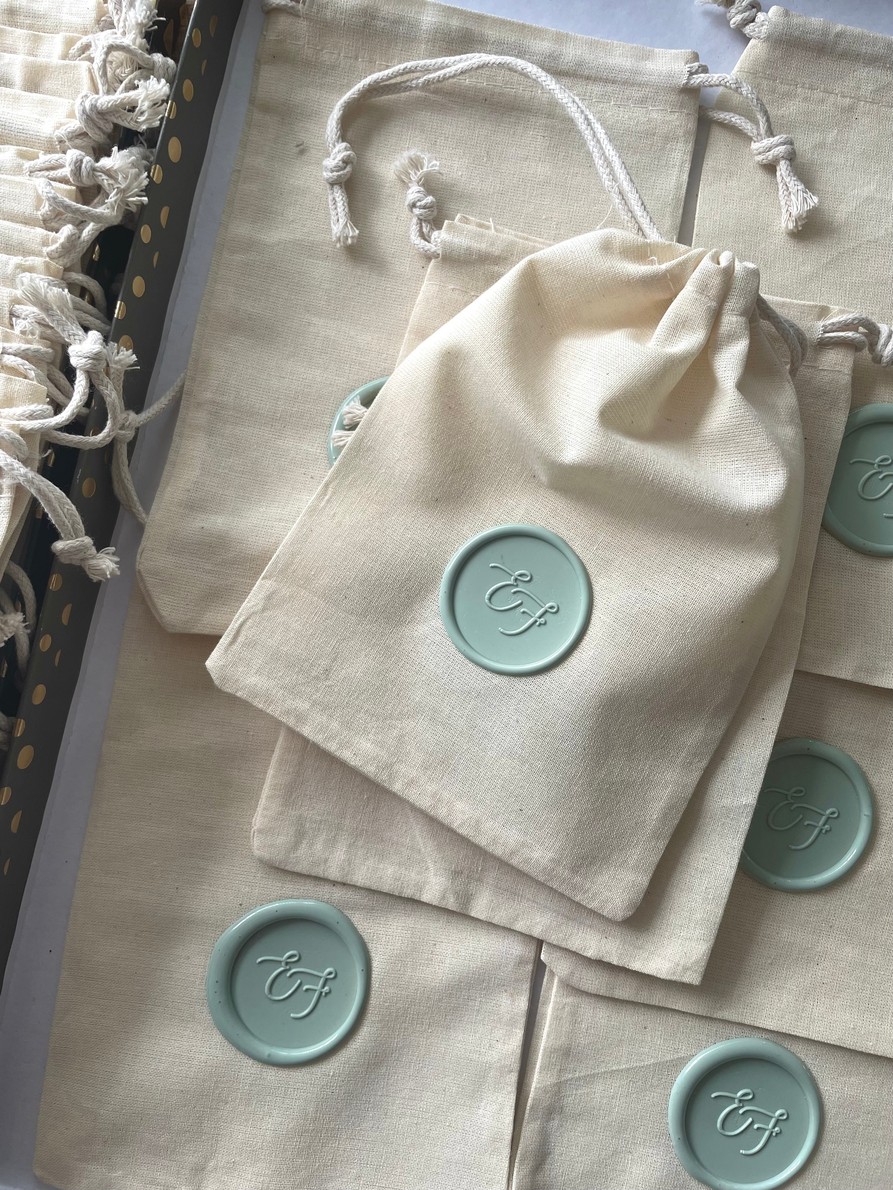 Personalized Cotton Favor Bags with Wax Seal, Custom Initial Drawstring Pouch