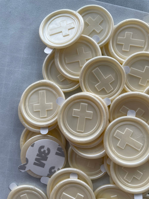 Set of ivory self-adhesive wax seals with cross design, ideal for wedding or baptism invitations