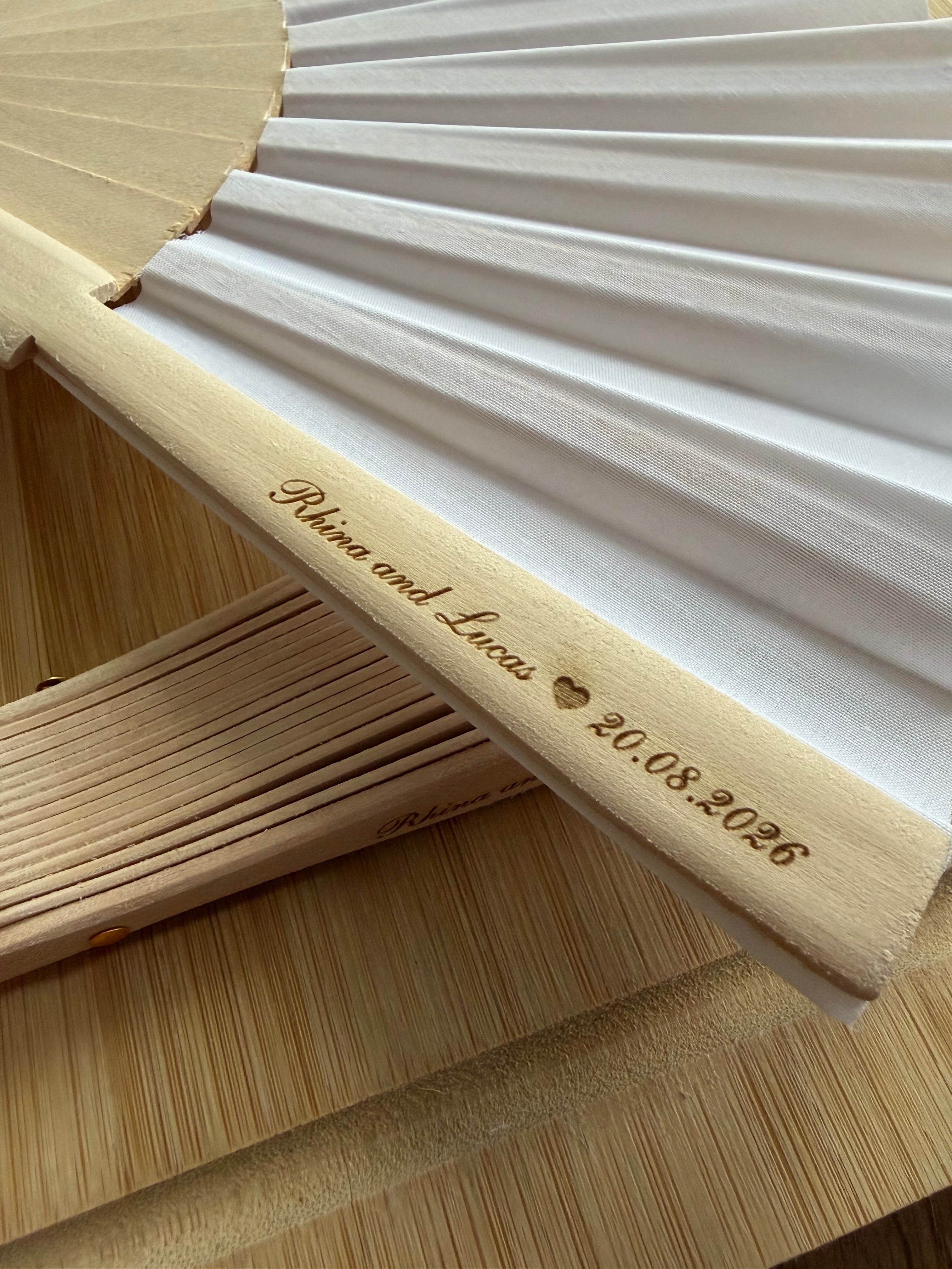 Custom laser engraved wood fan with cotton fabric