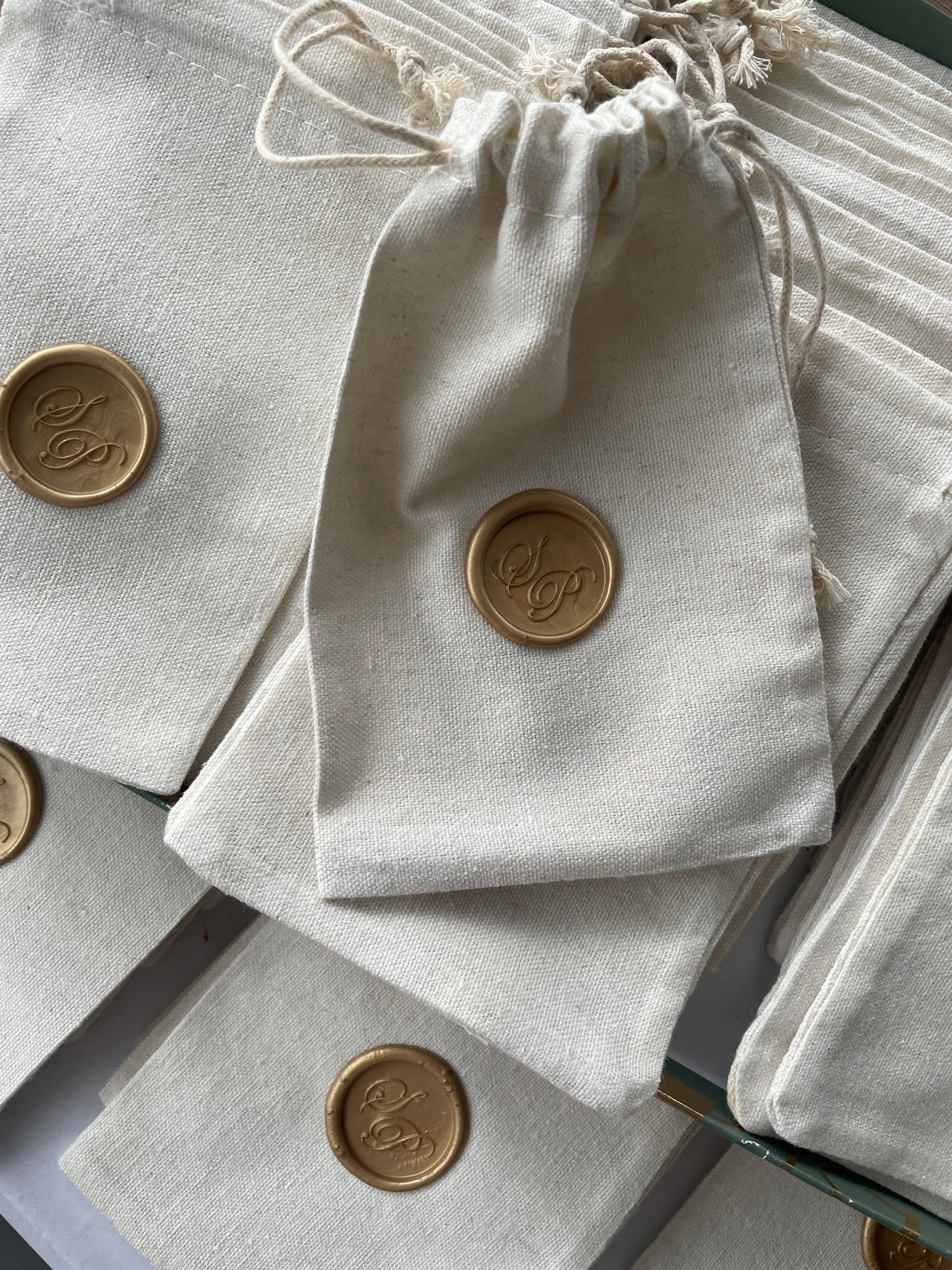Personalized Cotton Favor Bags with Wax Seal, Custom Initial Drawstring Pouch