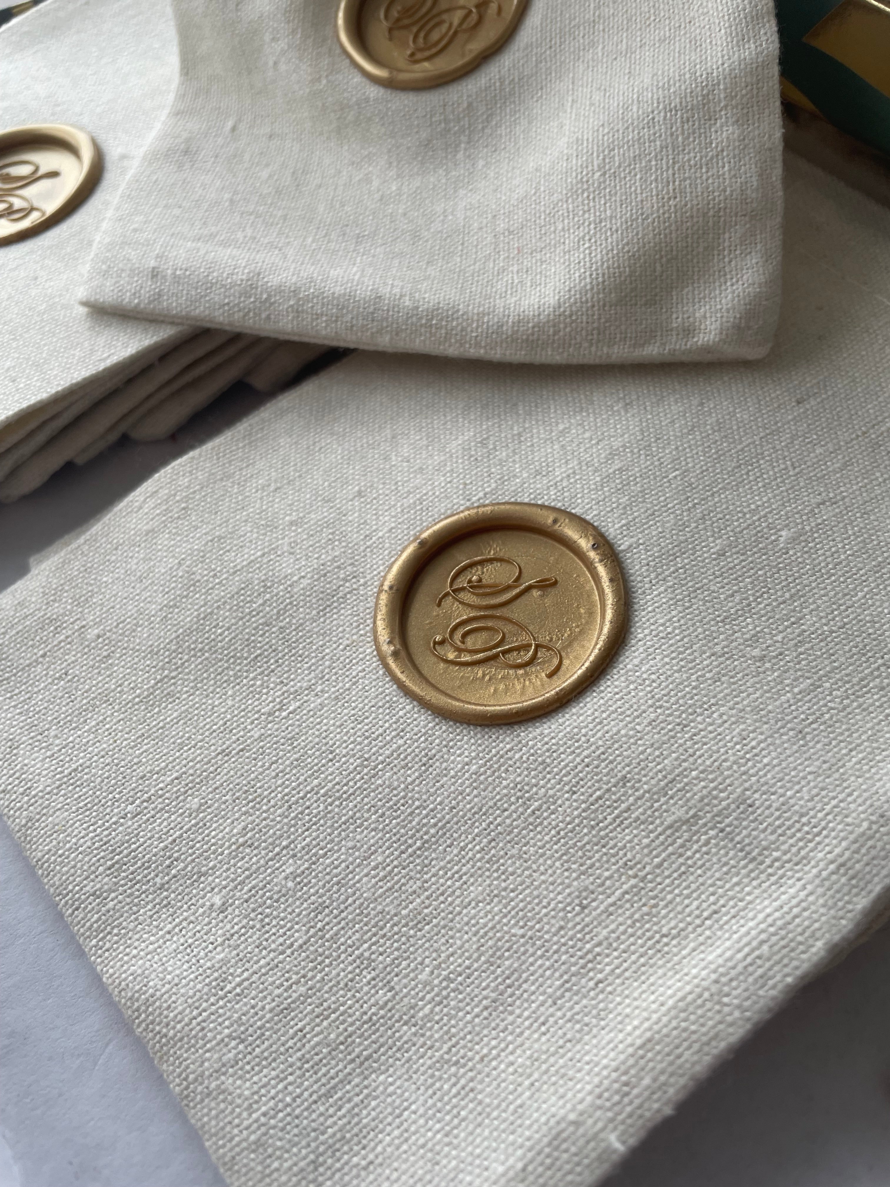 Personalized Cotton Favor Bags with Wax Seal, Custom Initial Drawstring Pouch