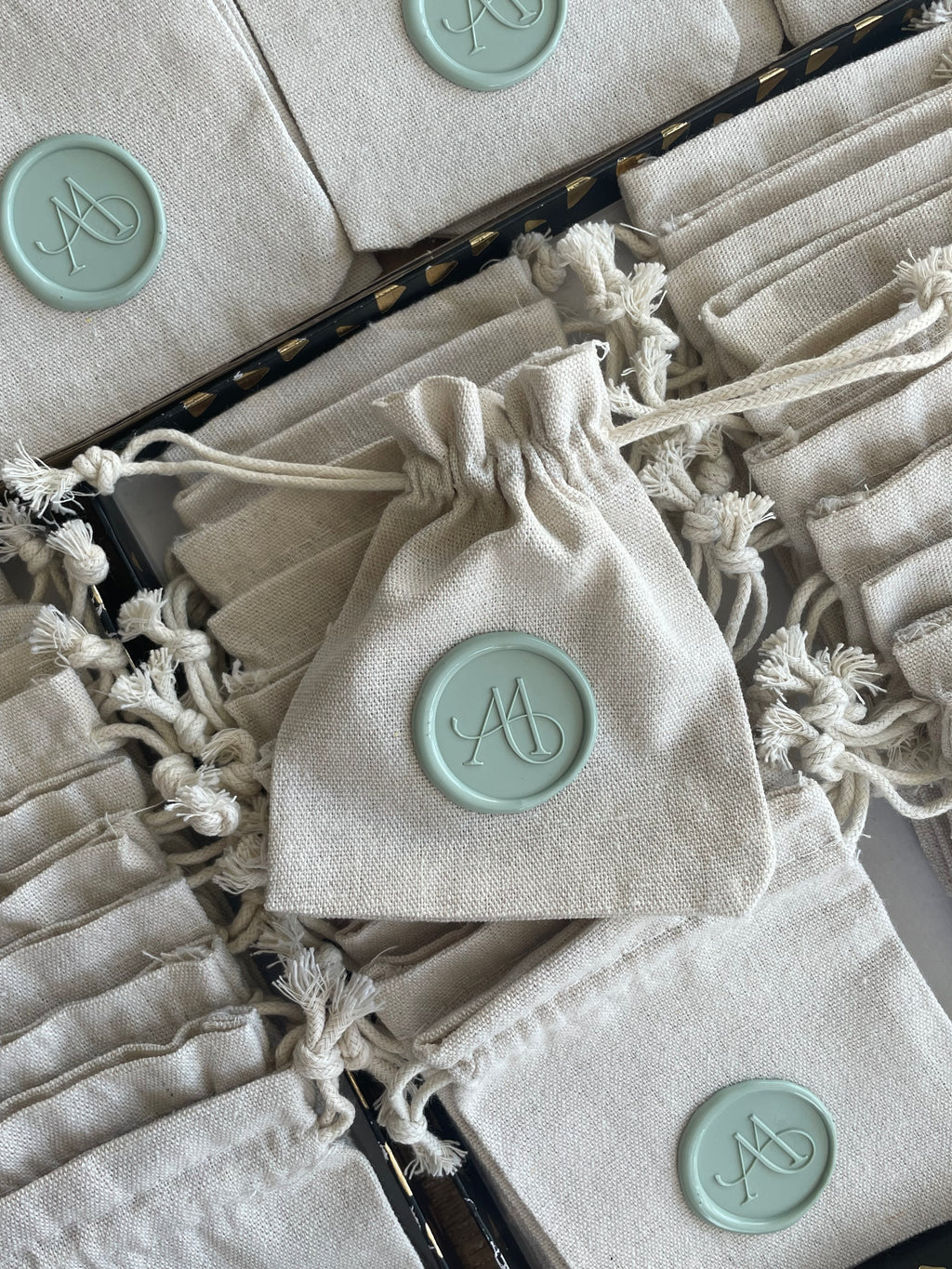 Personalized Cotton Favor Bags with Wax Seal, Custom Initial Drawstring Pouch