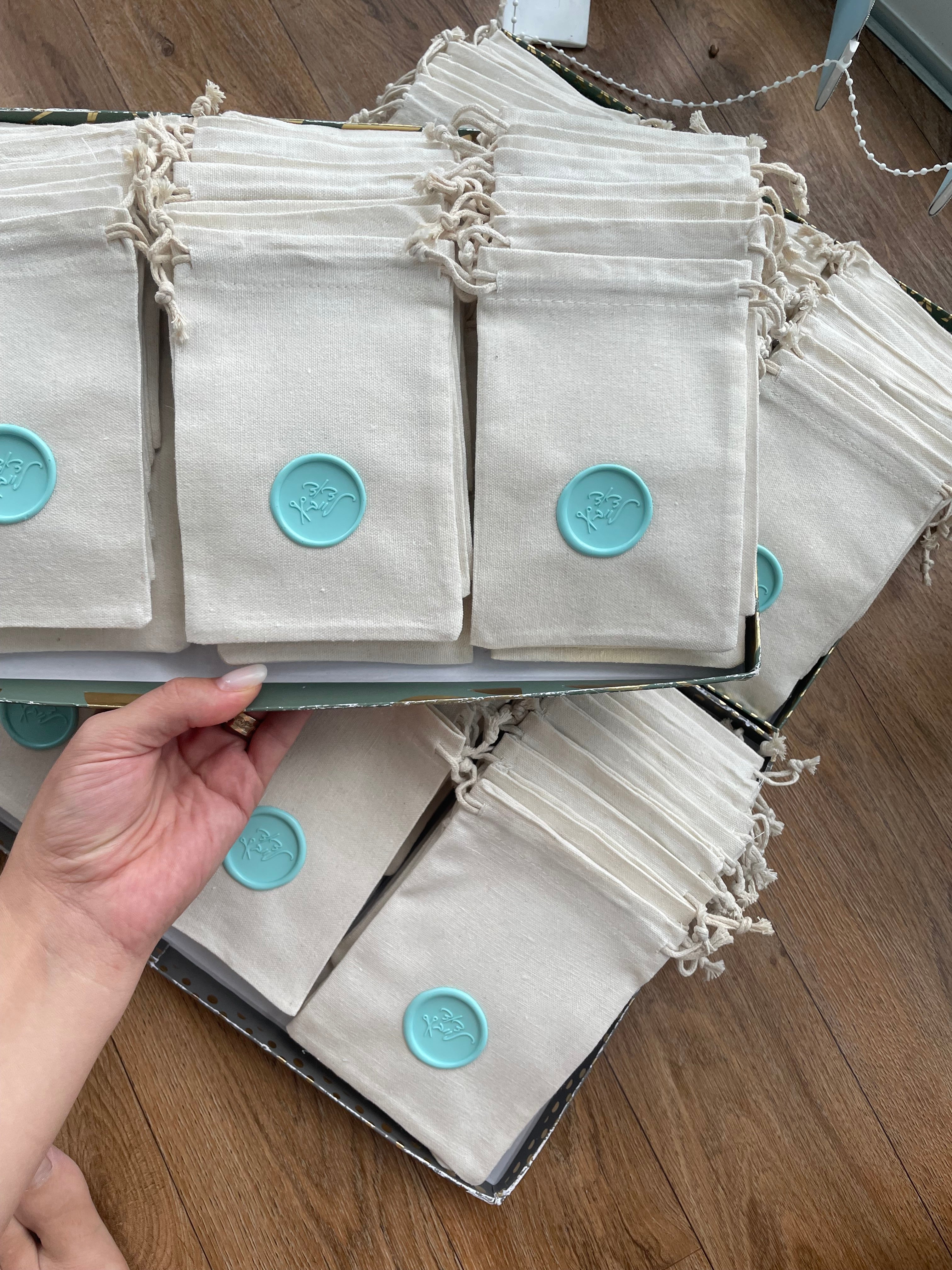 Personalized Cotton Favor Bags with Wax Seal, Custom Initial Drawstring Pouch