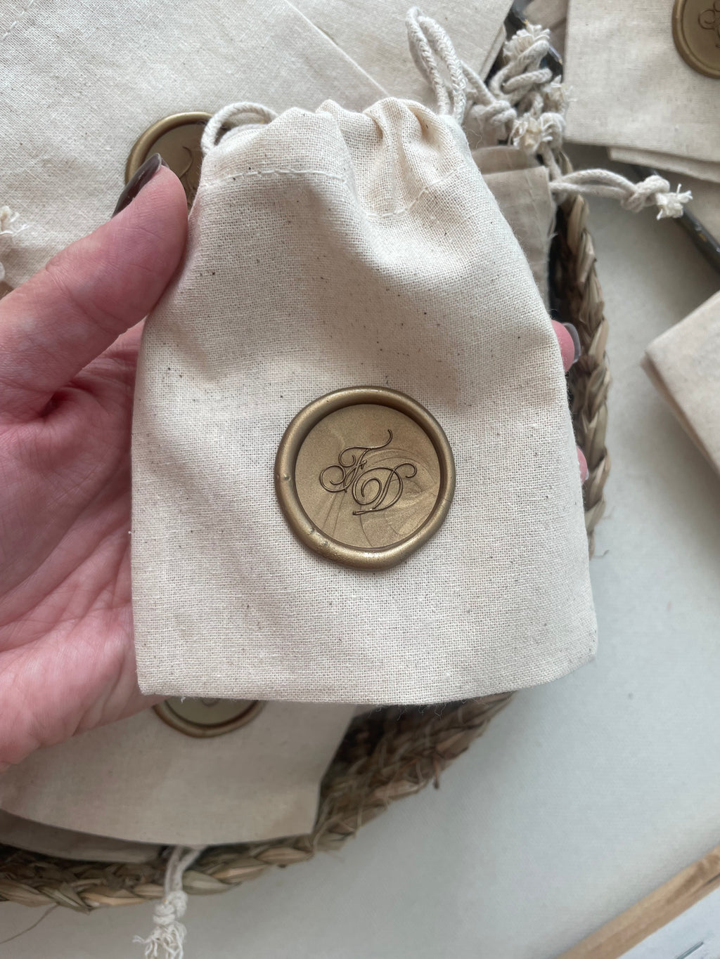 Personalized Cotton Favor Bags with Wax Seal, Custom Initial Drawstring Pouch