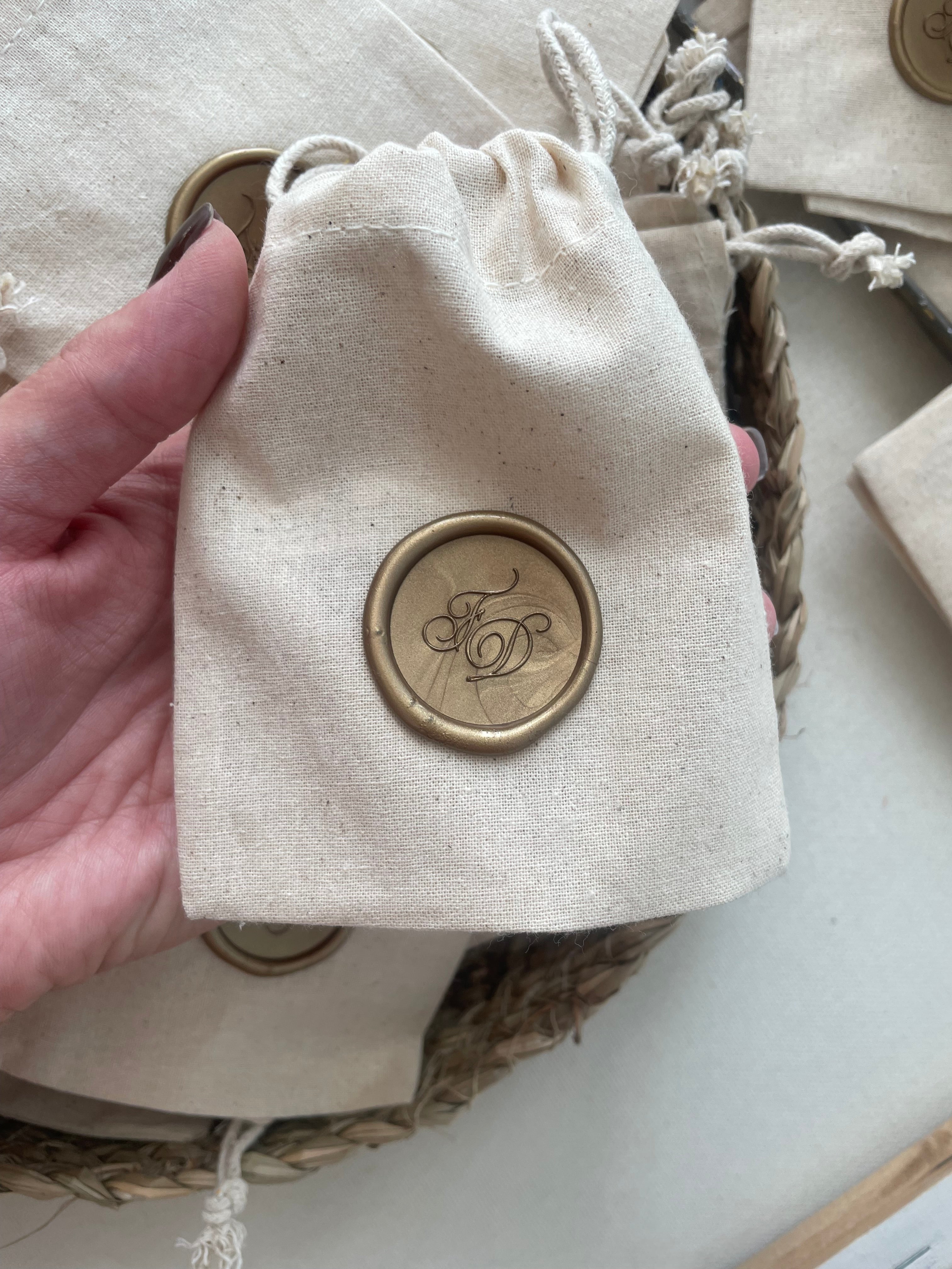 Personalized Cotton Favor Bags with Wax Seal, Custom Initial Drawstring Pouch
