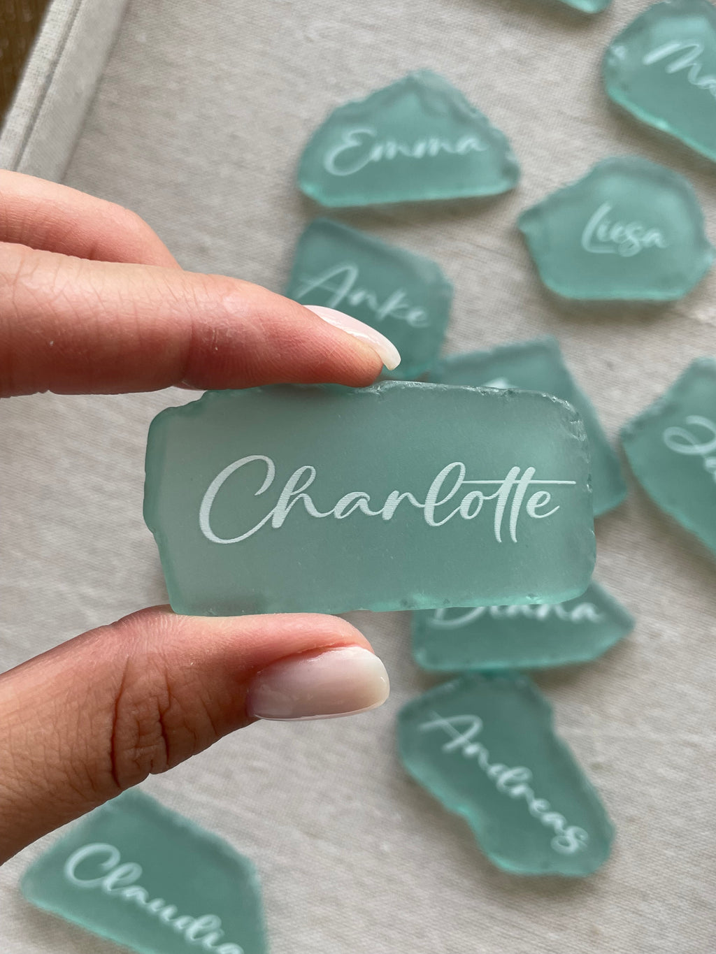 Sea glass wedding place card with handwritten name
