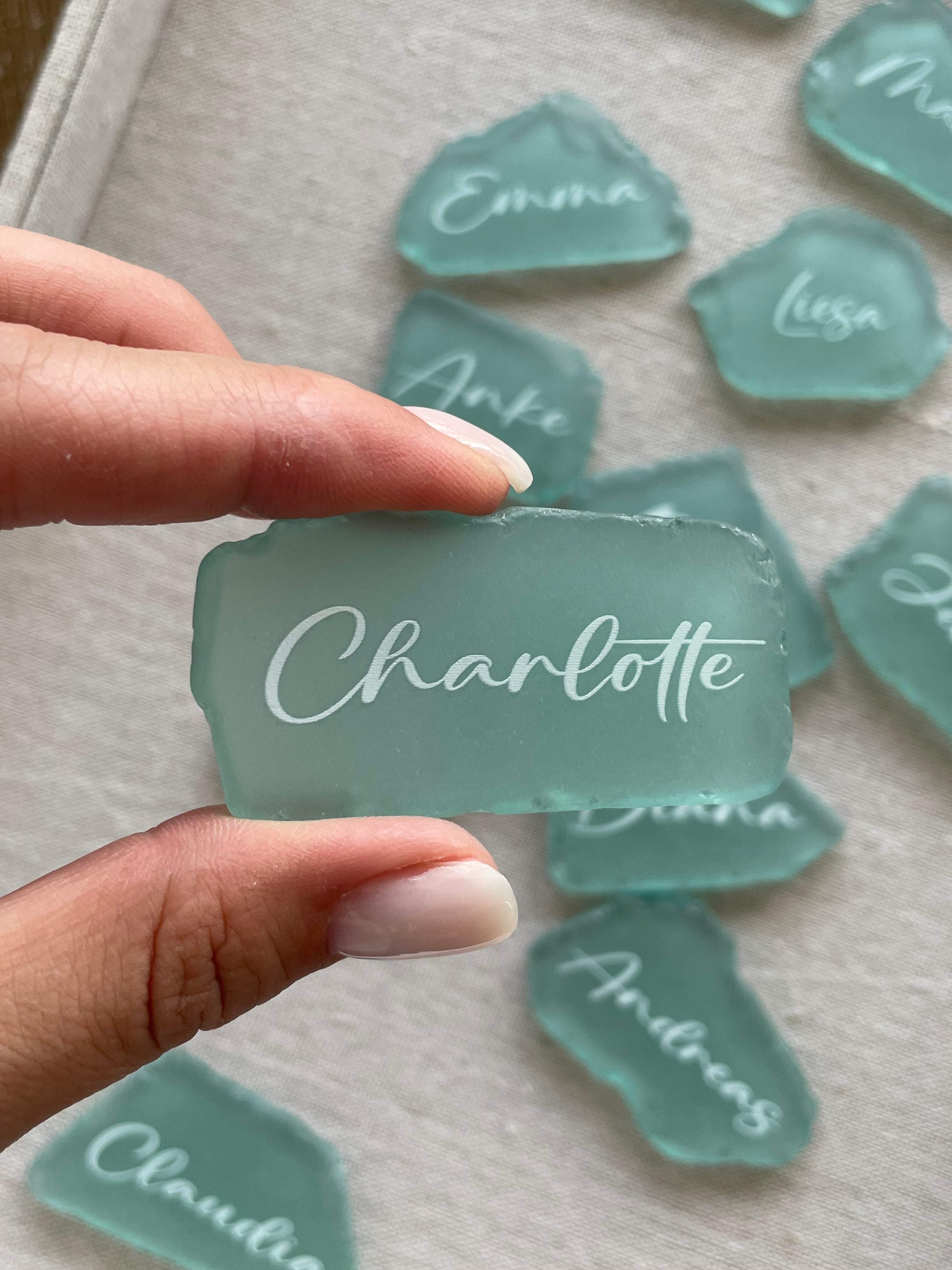Sea glass wedding place card with handwritten name