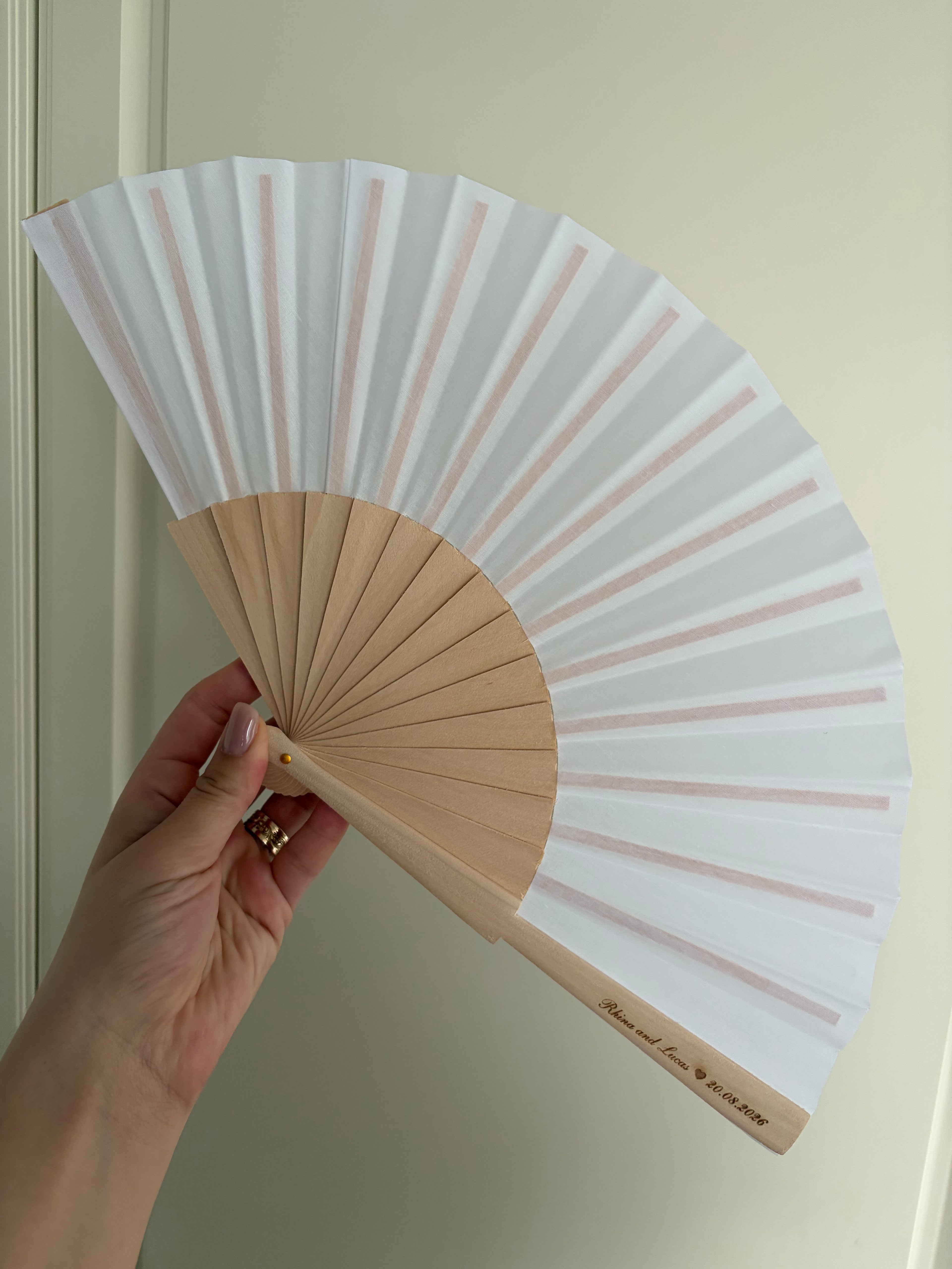 Custom laser engraved wood fan with cotton fabric