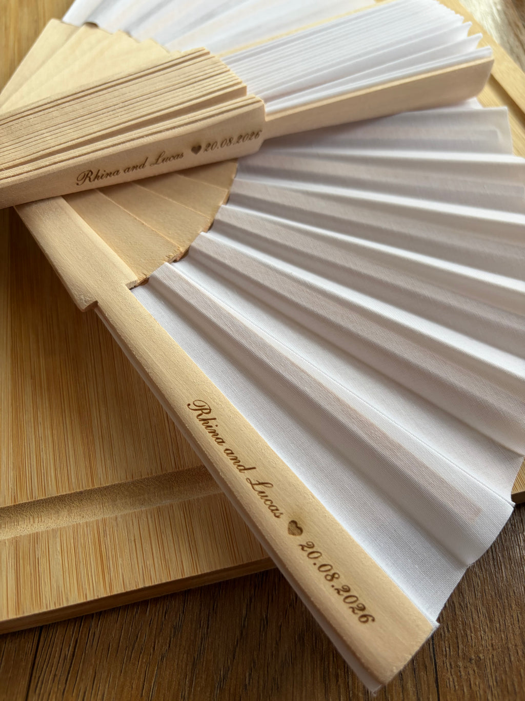 Custom laser engraved wood fan with cotton fabric