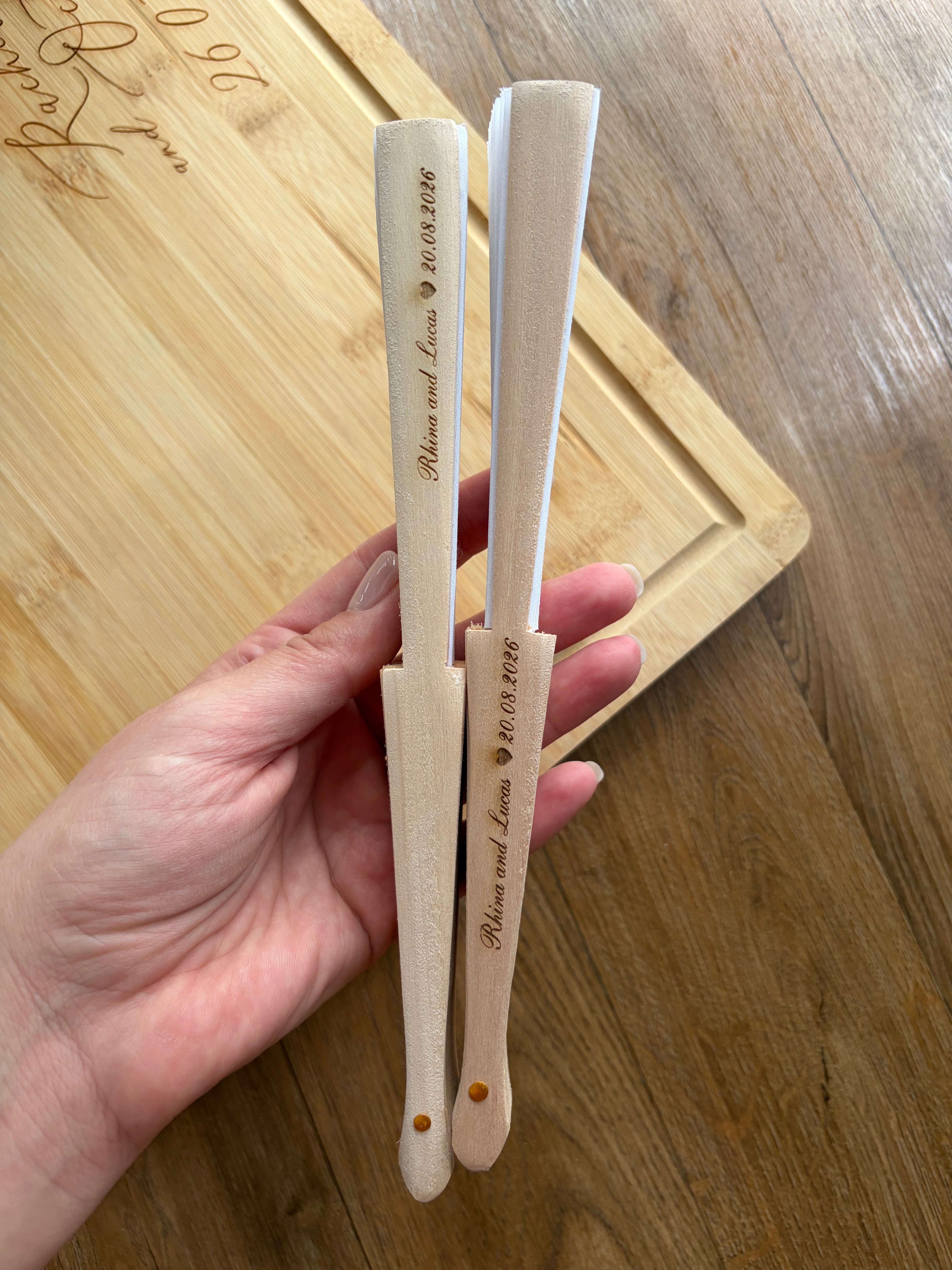 Custom laser engraved wood fan with cotton fabric