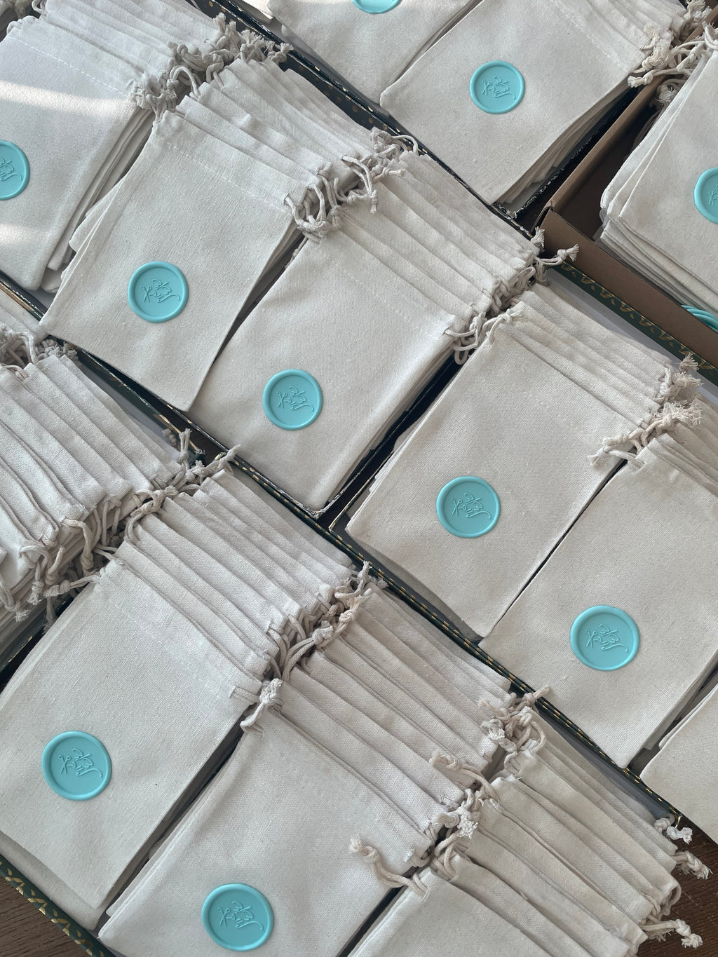 Personalized Cotton Favor Bags with Wax Seal, Custom Initial Drawstring Pouch