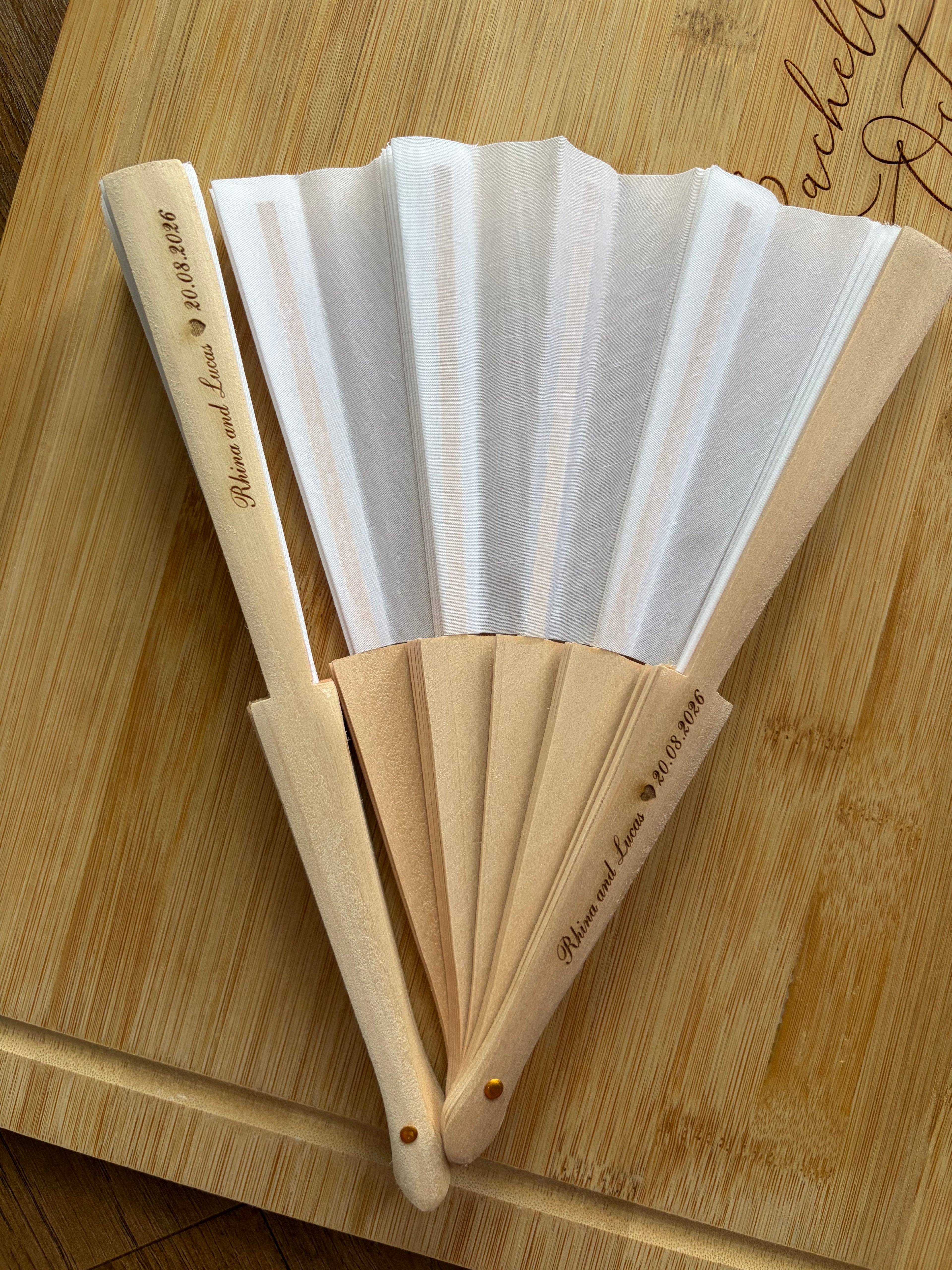 Custom laser engraved wood fan with cotton fabric