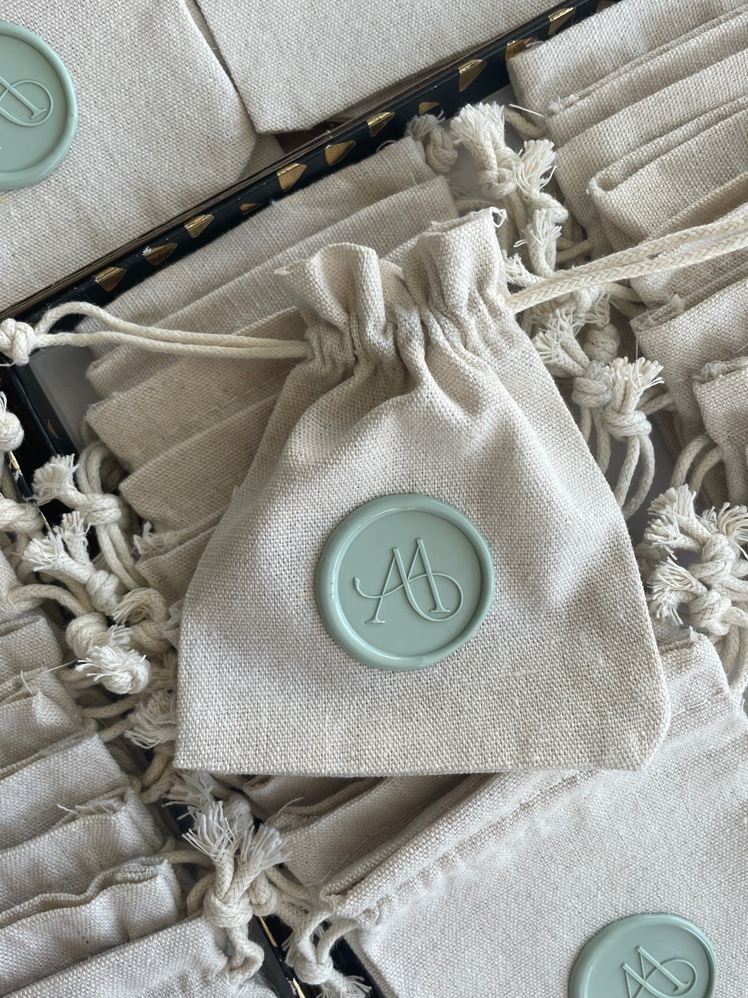 Personalized Cotton Favor Bags with Wax Seal, Custom Initial Drawstring Pouch