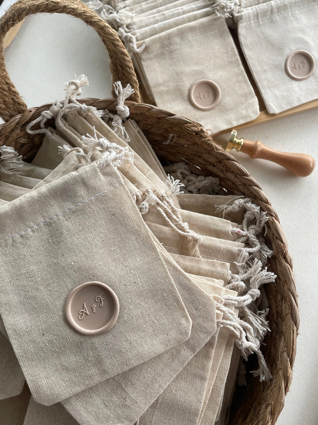 Personalized Cotton Favor Bags with Wax Seal, Custom Initial Drawstring Pouch
