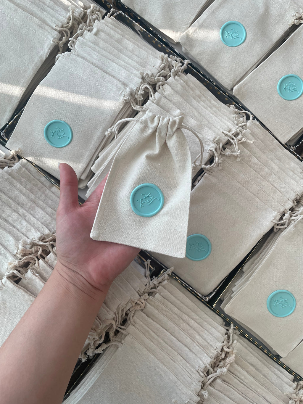 Personalized Cotton Favor Bags with Wax Seal, Custom Initial Drawstring Pouch