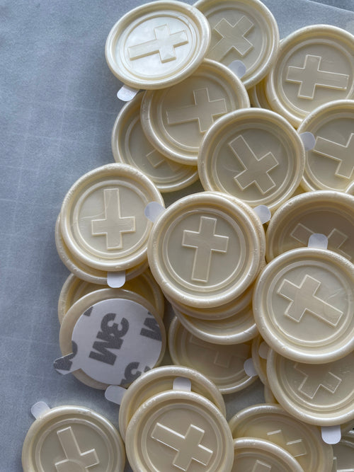 Set of ivory self-adhesive wax seals with cross design, ideal for wedding or baptism invitations
